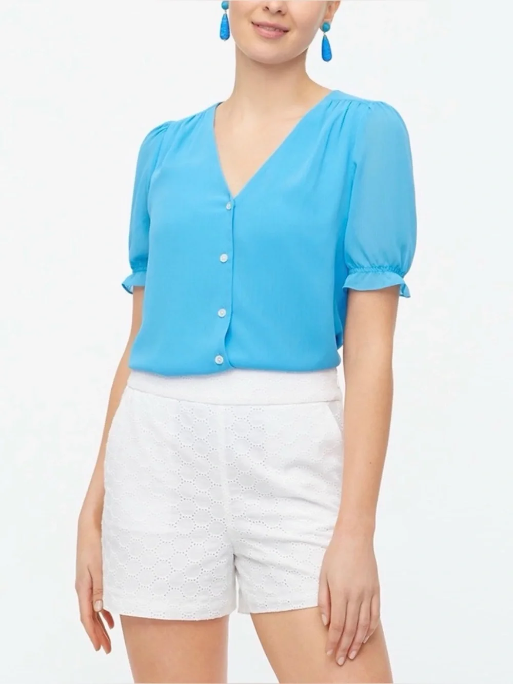 J. Crew Women's Blue V-neck Puff Sleeve Blouse NWT